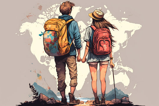 Illustration of a young couple travelling the world together, generative ai