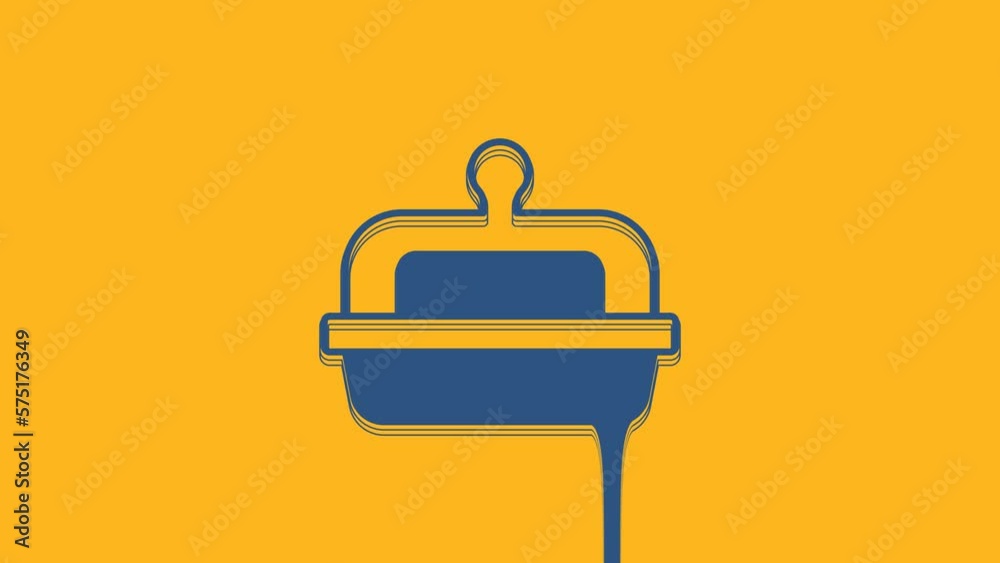 Sticker Blue Butter in a butter dish icon isolated on orange background. Butter brick on plate. Milk based product. Natural dairy product. 4K Video motion graphic animation