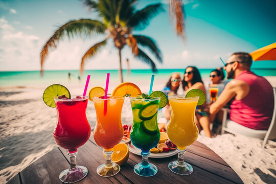 group of friends enjoying colorful cocktails on a tropical beach with palm trees and crystal-clear waters in the background, generative ai
