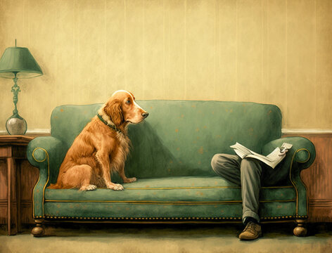 A Surreal Painting of a Dog and Man Legs on Couch | Generative AI