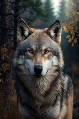 Naklejka na ściany i meble Wolf portrait in the woods illustrated using generative Ai