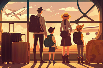 family of travelers with luggage, ready to board the plane, generative ai