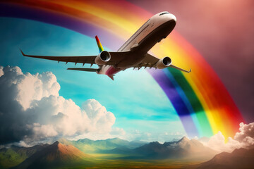 Commercial airplane flying above a beautiful landscape with a rainbow in the background, generative ai