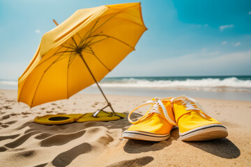 Obraz premium Close-up of vibrant yellow flip flops on a sandy beach with a beach umbrella and chair in the background, generative ai