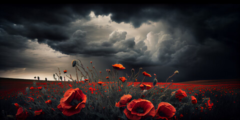 Illustration of world war one battlefields filled with poppies.