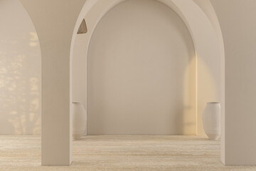 Modern bright minimalist interior blank wall in living room, arches, dry plants in vases. 3d render illustration mock up.