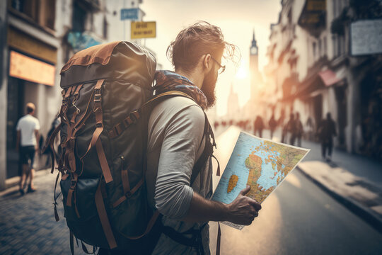 Backpacker with a map and compass in a new city, generative ai