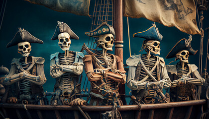 Fototapeta na wymiar Illustration of a skeleton pirate crew. Generative AI.