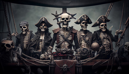 Obraz premium Illustration of a skeleton pirate crew. Generative AI.