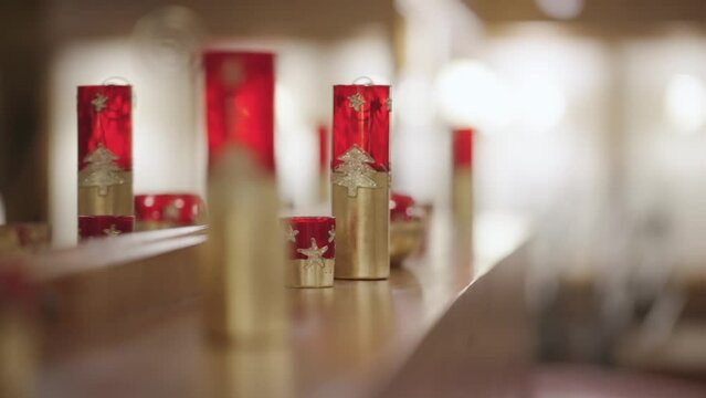 Close up of red and gold christmas decorations. New Year ans Christmas holidays concept.