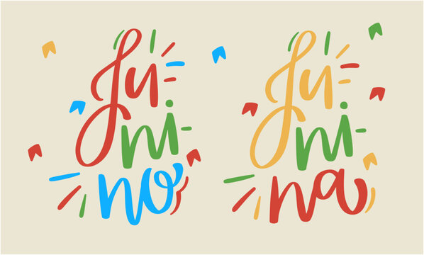 Junina e Junino. June expression in brazilian portuguese. Modern hand Lettering. vector.