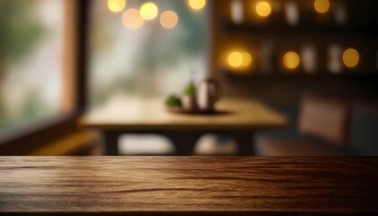 Empty wooden table with abstract living room decor with blurred background. Generative AI.