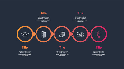 Business infographic process with circle template design with icons and 5 options or steps. Professional infographic or info chart template isolated on white background with red and orange colour