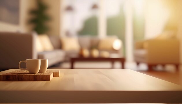 Empty wooden table with abstract living room decor with blurred background. Generative AI.