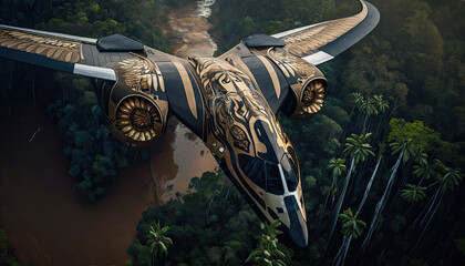 Futuristic Bio Inspired Gold and Black Airplane made with generative ai