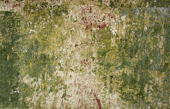 rusty weathered and dirty metal panel painted with khaki green chipping paint - flat empty textured surface for dystopian cyber punk army, wallpaper background