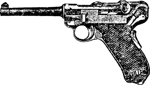 30-Caliber Automatic German Luger World War 2 WWII Pistol, Vintage Engraving
