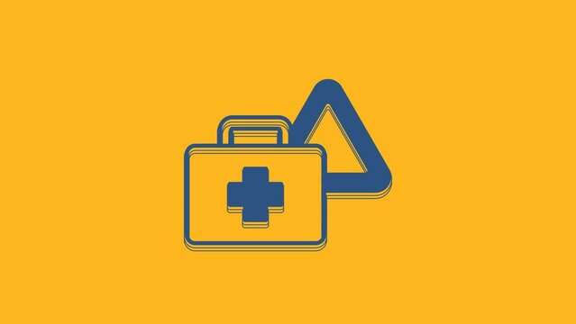 Blue First aid kit and warning triangle icon isolated on orange background. Must be in the car. 4K Video motion graphic animation