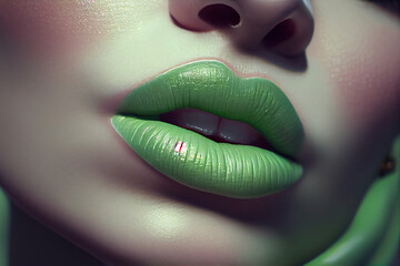 closeup of a woman's lips with light green lipstick, generative ai