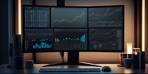 Trader workplace. Computer monitor with stock market charts on screen. Economic concept. Financial crisis and inflation - obrazy, fototapety, plakaty