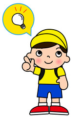 電球のひらめきマークと指差しをする小学生の男の子のイラスト