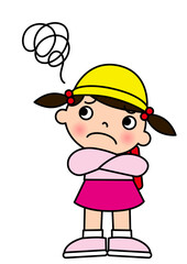 腕組みで考える小学生の女の子ともやもやマークのイラスト 全身正面