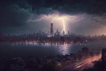 Lightning Strikes the City : A moody image of the cityscape with dark storm clouds gathering overhead, and thunderstorm.