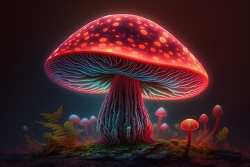 Fantasy purple mushroom glowing light  in fairy forest. Ai. Mushroom wallpaper