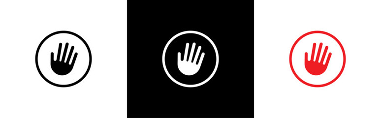Stop sign with hand or palm icon symbol for apps and websites.