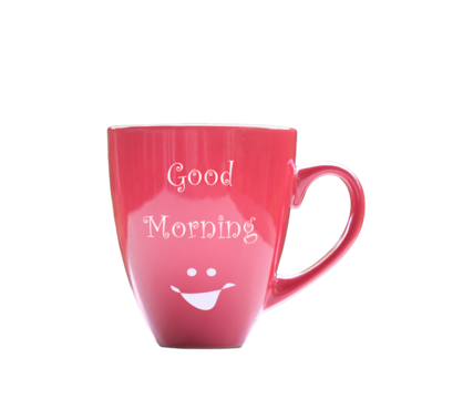 Good morning, words on a red coffee cup. Positive vibe. Isolated, transparent background.