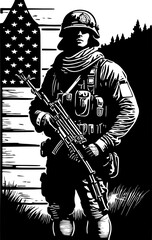 american military man standing holding rifle. american brave soldier illustration vector. warrior in the war. Art design for print, cover, wallpaper, wall art. Vector illustration.