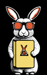 smart bunny in glasses holding a book. Colored flat vector illustration isolated on white background. Art design for print, cover, wallpaper, wall art. Vector illustration.