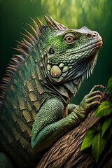 Obraz premium Green iguana on a tree branch illustrated using generative Ai