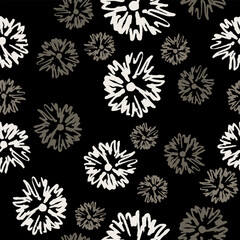 Seamless monochrome floral pattern with silhouetted daisy flowers. Hand drawn sketches on black background.