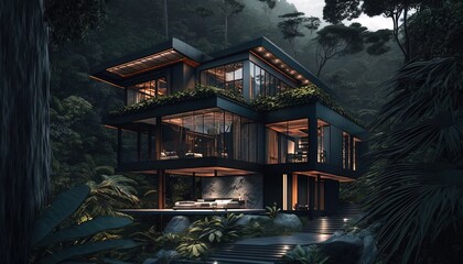 modern house in the jungle beautiful evening lighting, generative AI