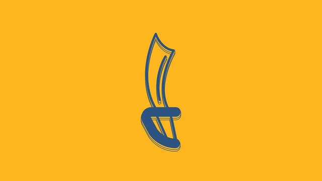Blue Pirate sword icon isolated on orange background. Sabre sign. 4K Video motion graphic animation
