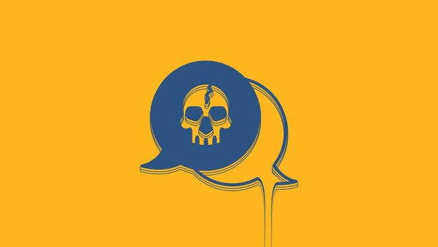 Blue Skull icon isolated on orange background. Pirate captain. Happy Halloween party. 4K Video motion graphic animation