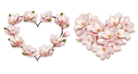 Naklejka na ściany i meble Collection of hearts collected from pink magnolia flowers isolated on a transparent background. Vector illustration.