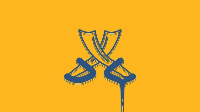Blue Crossed pirate swords icon isolated on orange background. Sabre sign. 4K Video motion graphic animation