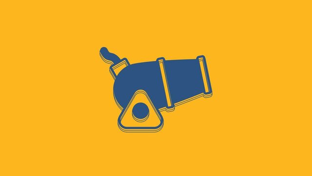 Blue Cannon icon isolated on orange background. Medieval weapons. 4K Video motion graphic animation