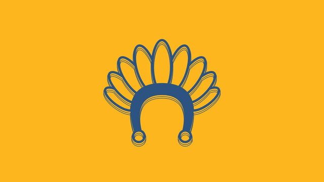 Blue Indian headdress with feathers icon isolated on orange background. Native american traditional headdress. 4K Video motion graphic animation