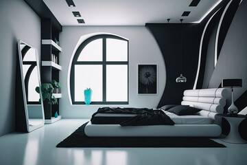 Ultra modern, futuristic, minimalist bedroom in white and black.  Generative AI.