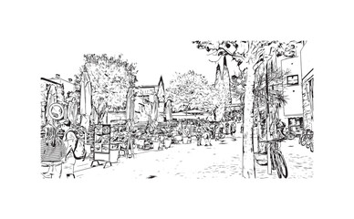 Building view with landmark of Pollenca is the 
town in  Spain. Hand drawn sketch illustration in vector.