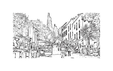 Building view with landmark of Pollenca is the 
town in  Spain. Hand drawn sketch illustration in vector.