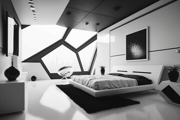 Ultra modern, futuristic, minimalist bedroom in white and black.  Generative AI.