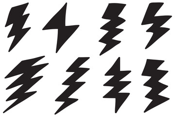 set of hand drawn vector doodle electric lightning bolt symbol sketch illustrations. thunder symbol doodle icon .