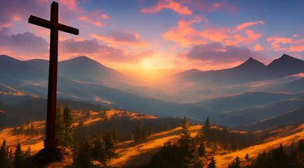a wood cross in the tops of a mountain, sunset sky, epic, realistic,,Generative IA
