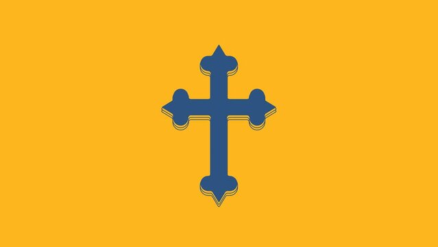 Blue Christian cross icon isolated on orange background. Church cross. 4K Video motion graphic animation