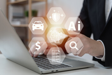 Businessman touching virtual graphics AI insurance car concept, digital management by artificial intelligence, claim estimate international standard, automation insurance, digital document.