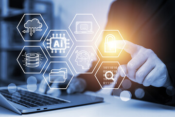 Businessman touching virtual graphics with AI technology concept, connecting smart robot AI, enter...